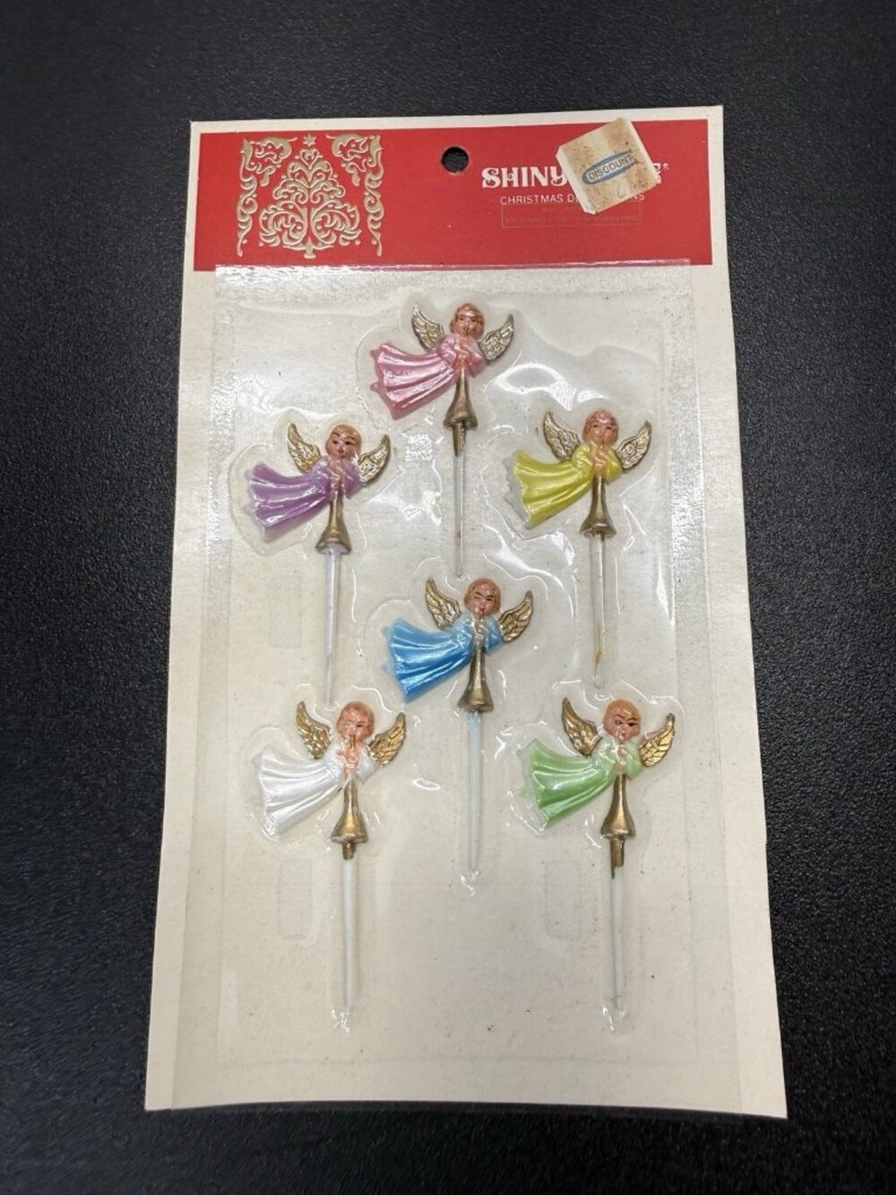 Vintage Shiny Brite Christmas Angel Picks Multi Color Plastic Six Pieces Sealed